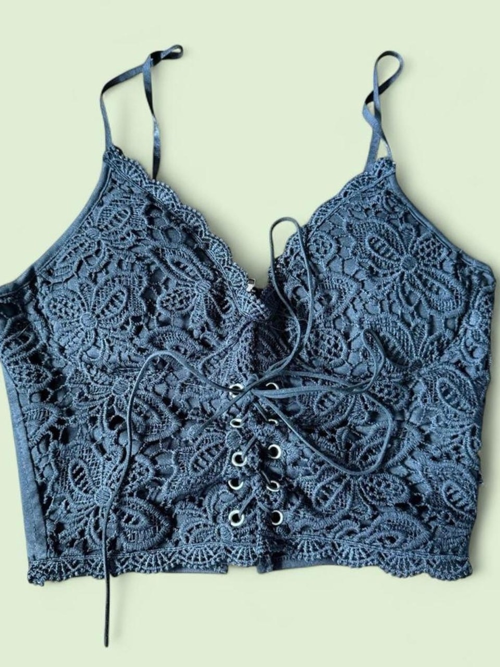 Lace-Up Crochet Bralette Top - Navy